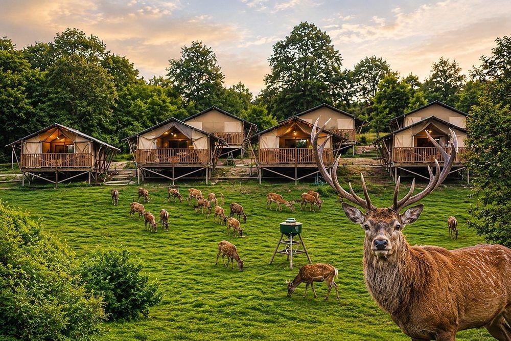 Wild Lodge، Skånes Djurpark، إقامة وسط الطبيعة، غلامبينغ السويد، عطلة عائلية في السويد، مبيت مع الأيائل، خيمة فاخرة السويد، سياحة عائلية في سكونة